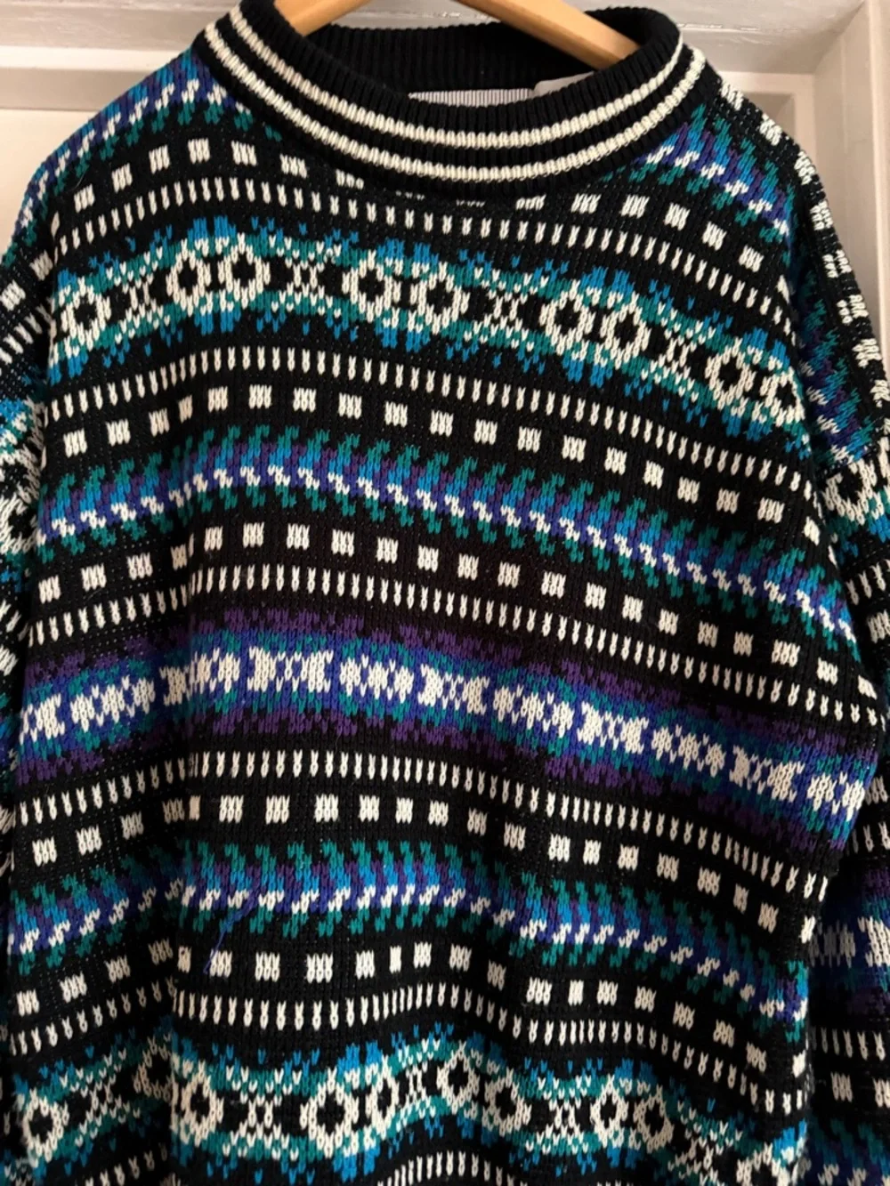 Vintage McGregor Black Crewneck Sweater with Blue, Teal & Purple Fair Isle